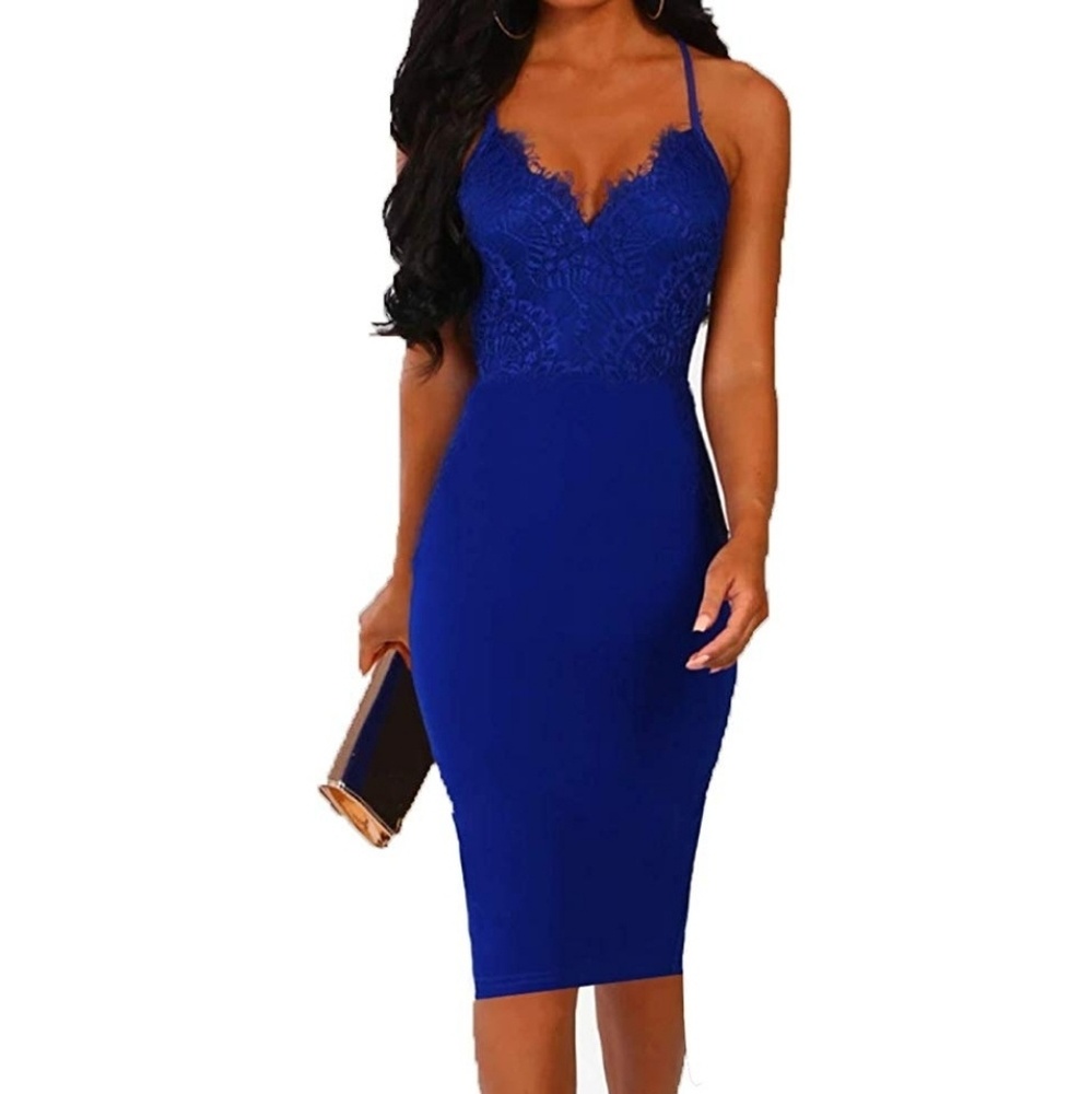 Allimy Navy Lace V Neck Bodycon Midi Dress